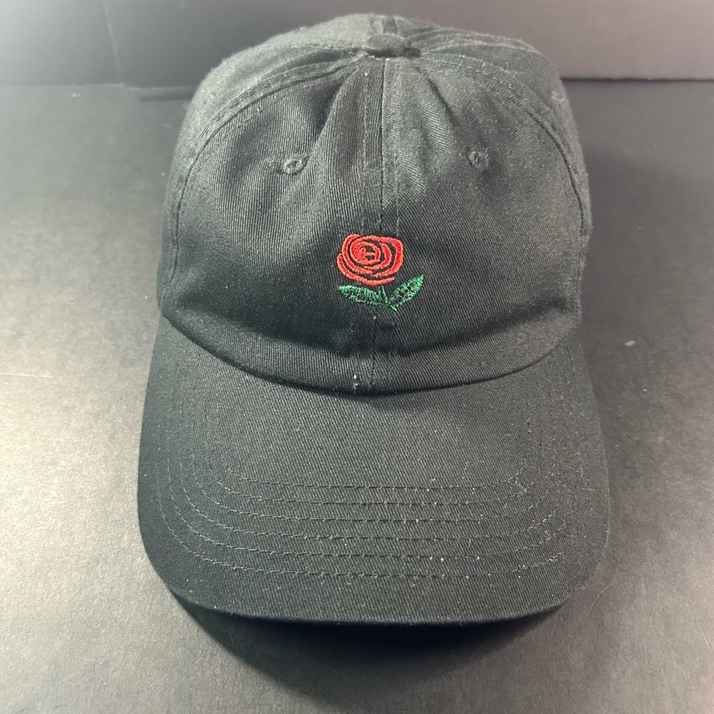 The Hundreds Black Dad Hat Baseball Cap with Red Rose Embroidery Y2K Retro